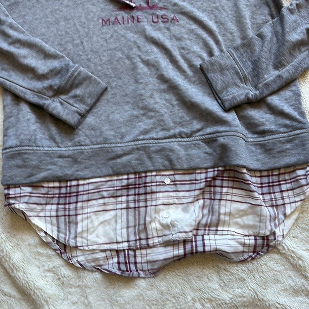G.H. Bass & Co. Layered Look Hoodie | Plaid Hem Casual Pullover Top - Picture 5 of 7